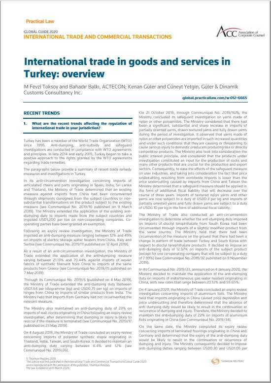 International Trade in Goods and Services in Turkey, 2020 Practical Law, THOMSON REUTERS